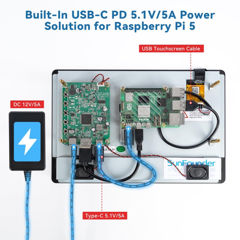 SunFounder Latest 10 Inch DIY Touch Screen All-in-One Solution for Raspberry Pi 5, IPS HD 1280x800 LCD, Built-in 5.1V/5A Output, HDMI, 10-Point, No Driver, Speakers, for RPi 5/4/3/Zero 2W - Image 2